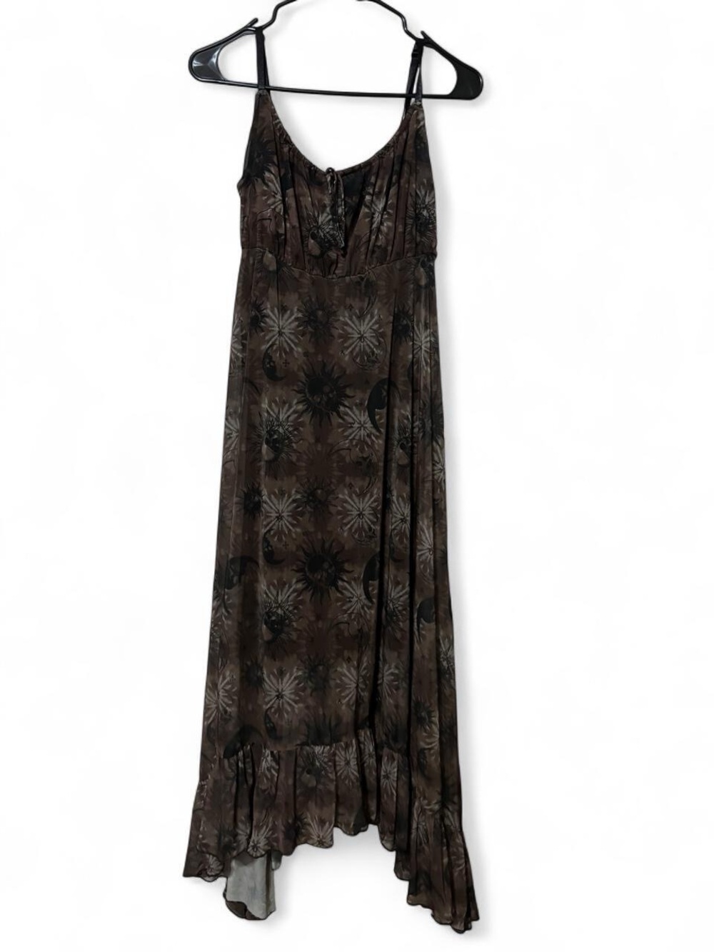 Cosmic Aura Boho Brown Floral Maxi Dress with Ruffled Hem - Women